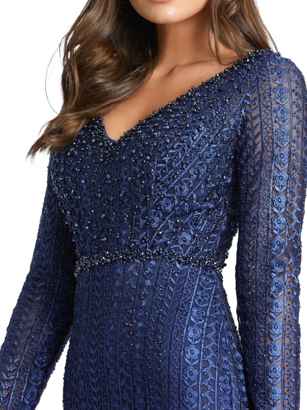 Mac Duggal Navy Beaded Long-Sleeve V-Neck Gown - Picture 5 of 8